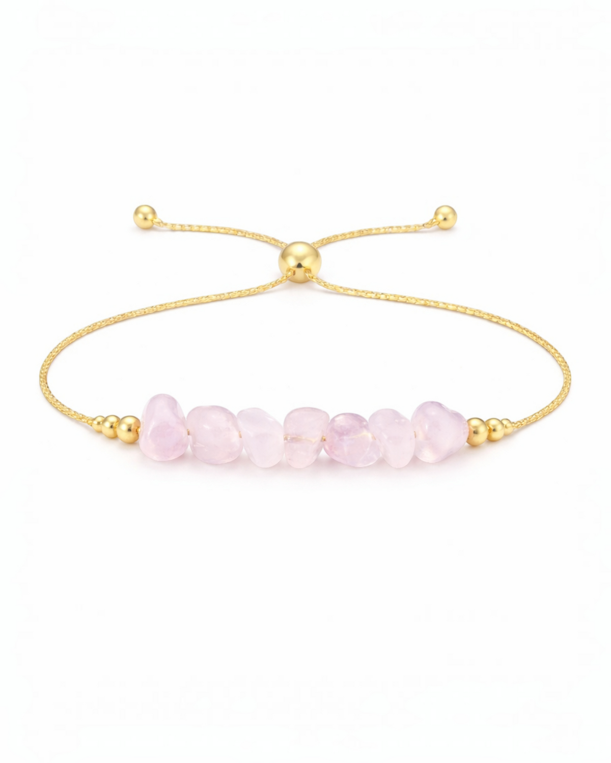 Amelia Jane Handmade Creations adjustable bracelet with raw pink rose quartz stones and gold-tone metal beads