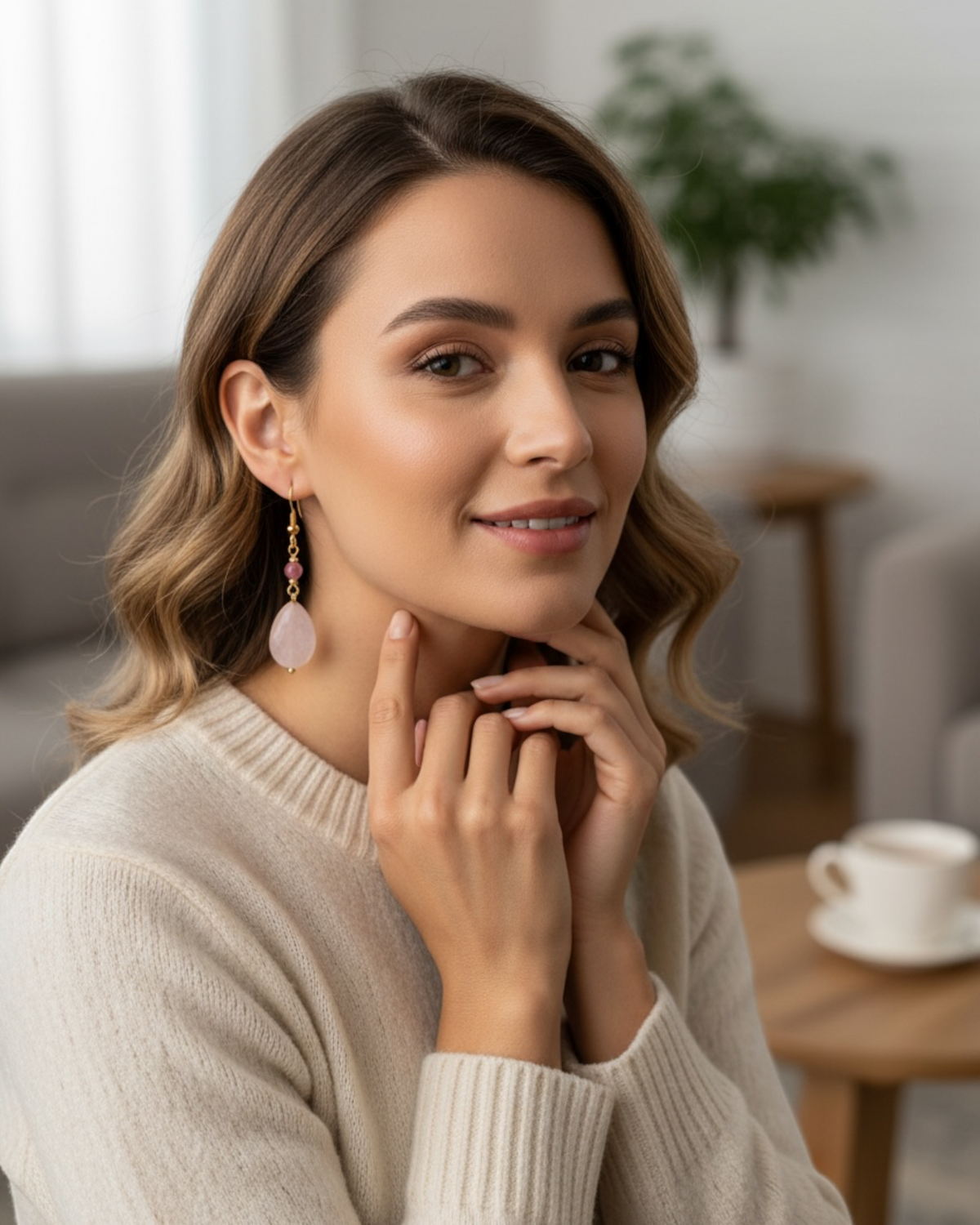 Amelia Jane Handmade Creations rose quartz drop earrings with S925 posts worn by a woman in a cream sweater