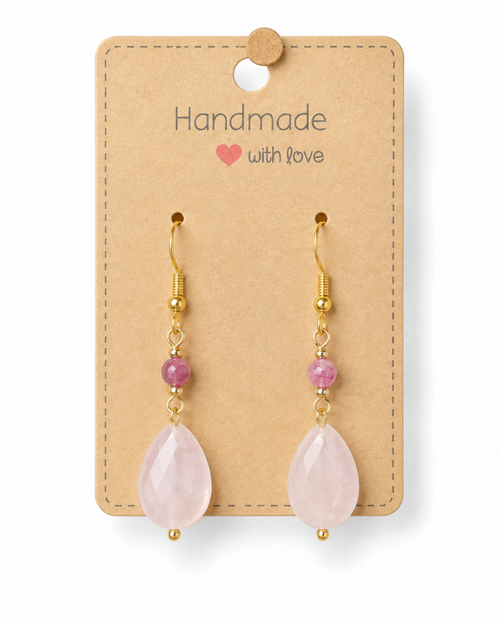 Amelia Jane Handmade Creations rose quartz teardrop earrings with pink beads and gold S925 posts on a display card