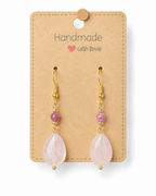 Amelia Jane Handmade Creations rose quartz teardrop earrings with pink beads and gold S925 posts on a display card