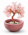Amelia Jane Handmade Creations 3-inch rose quartz gemstone tree with copper wire branches in a pink ceramic pot.