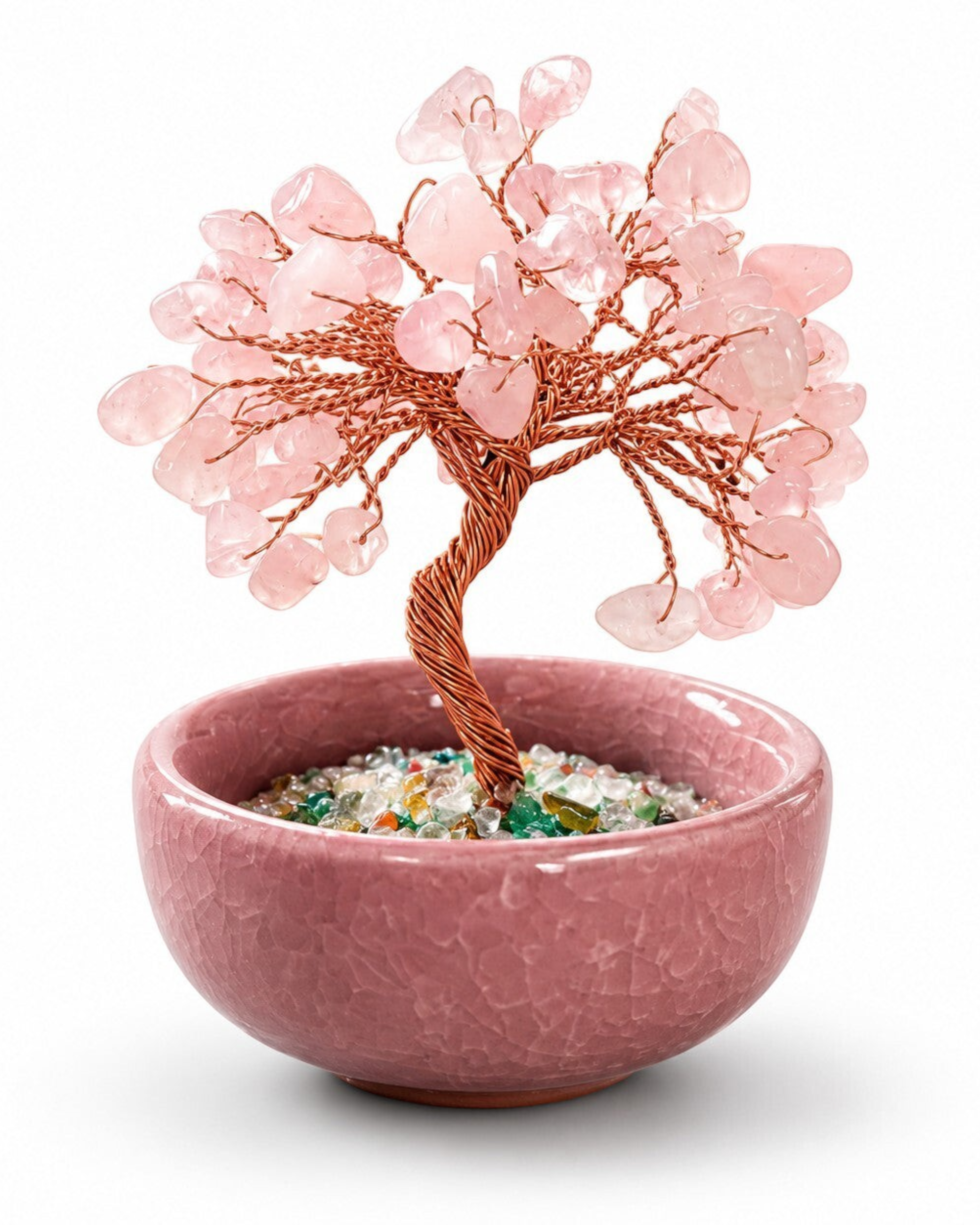 Amelia Jane Handmade Creations 3-inch rose quartz gemstone tree with copper wire branches in a pink ceramic pot.