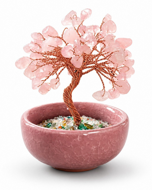 Amelia Jane Handmade Creations 3-inch rose quartz gemstone tree with copper wire branches in a pink ceramic pot.
