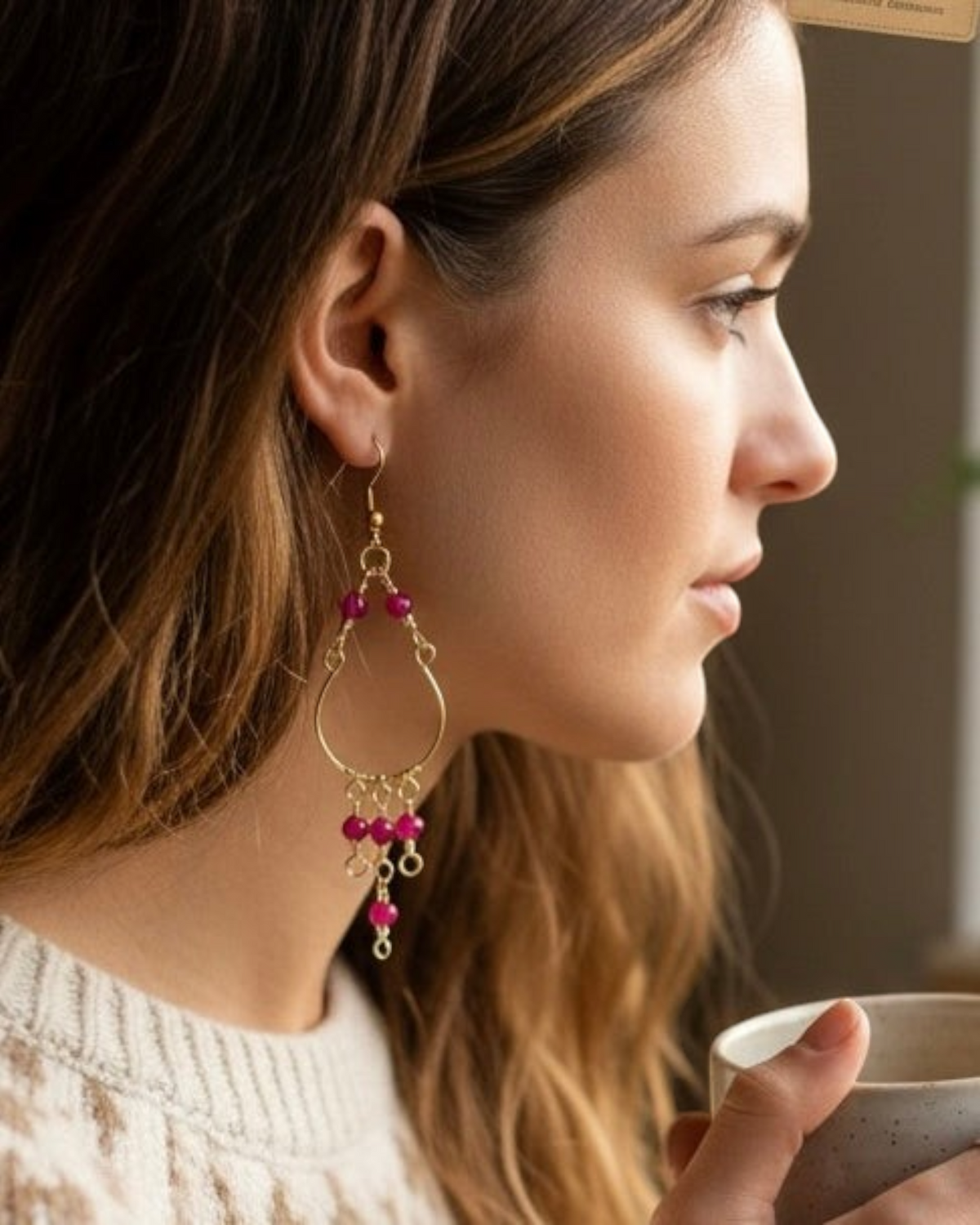 Amelia Jane Handmade Creations ruby chandelier earrings with S925 posts worn by a woman in profile