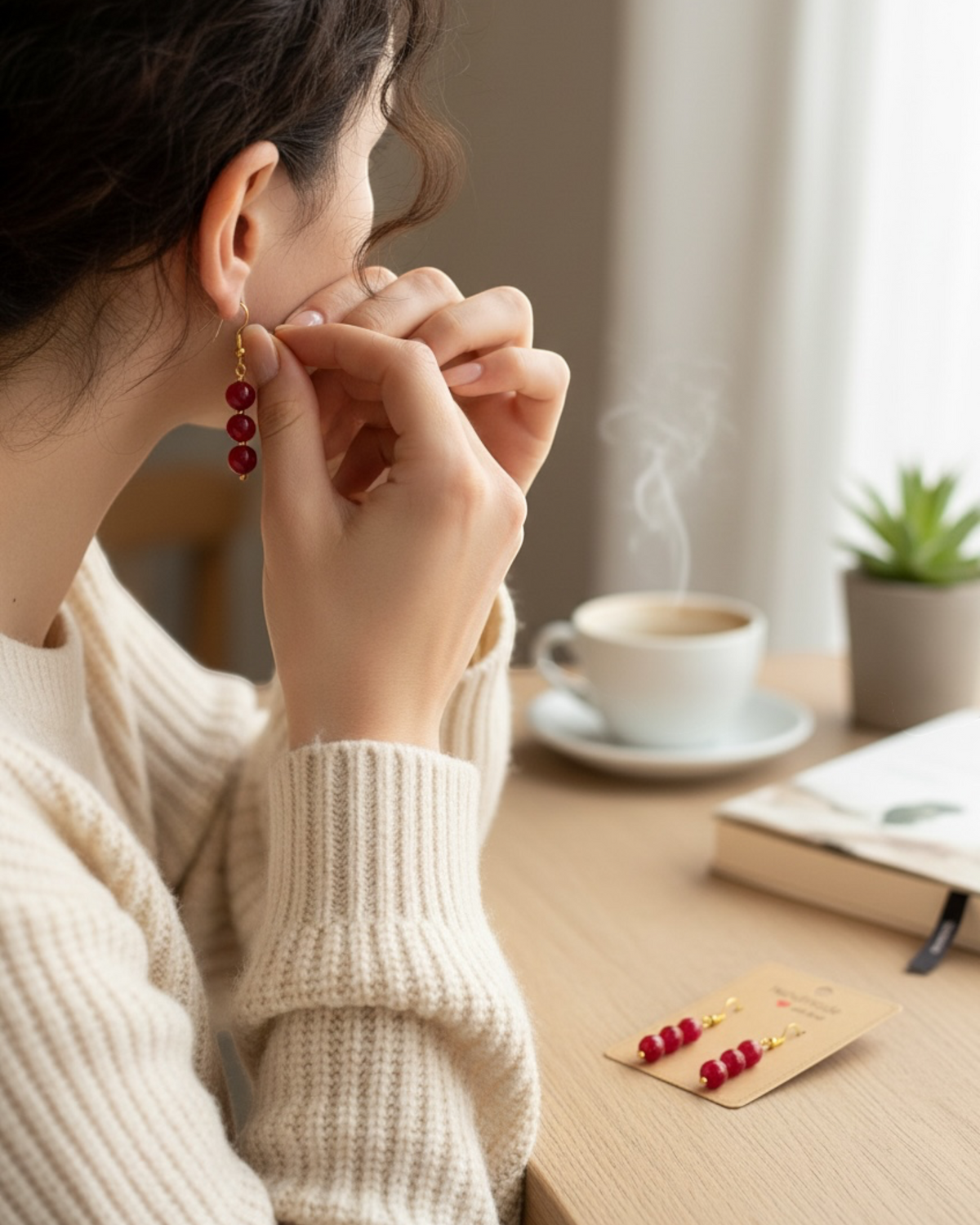 Amelia Jane Handmade Creations ruby dangle earrings with S925 posts worn by a woman at a desk with coffee