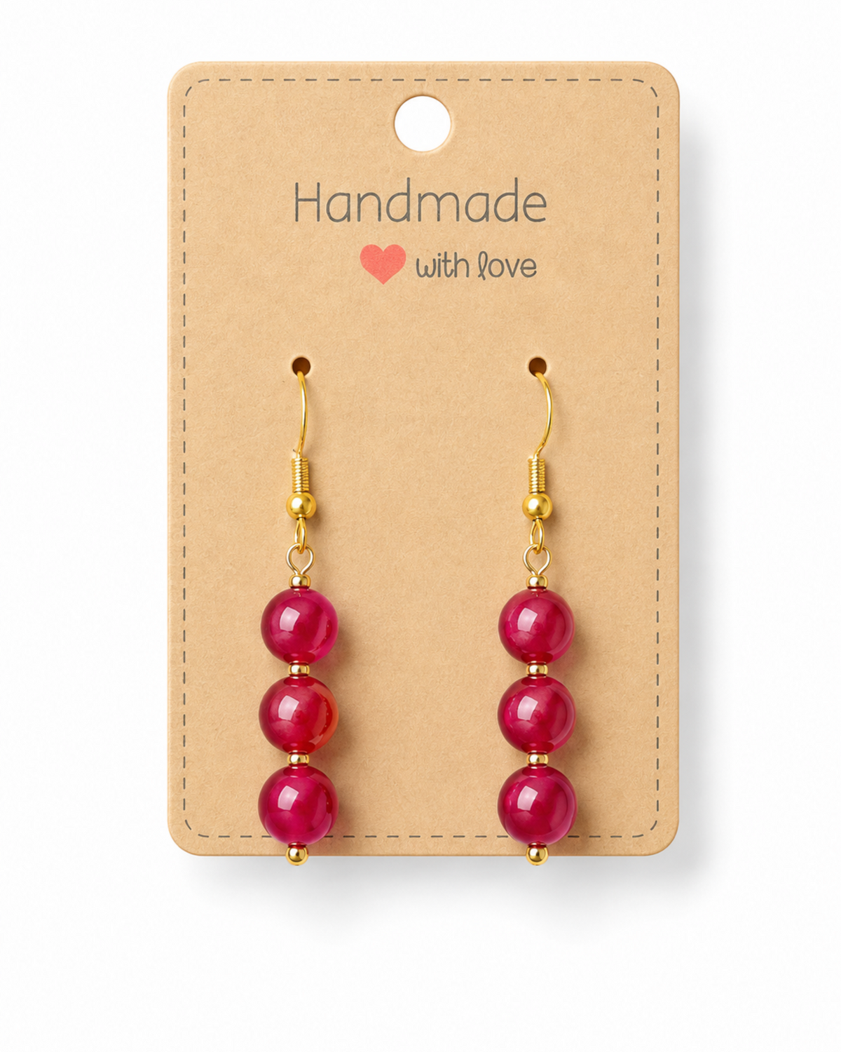 Amelia Jane Handmade Creations ruby dangle earrings with S925 posts and gold-tone accents on a display card