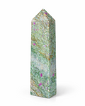 Amelia Jane Handmade Creations 5-inch polished ruby in fuchsite crystal tower with magenta spots on a green matrix.