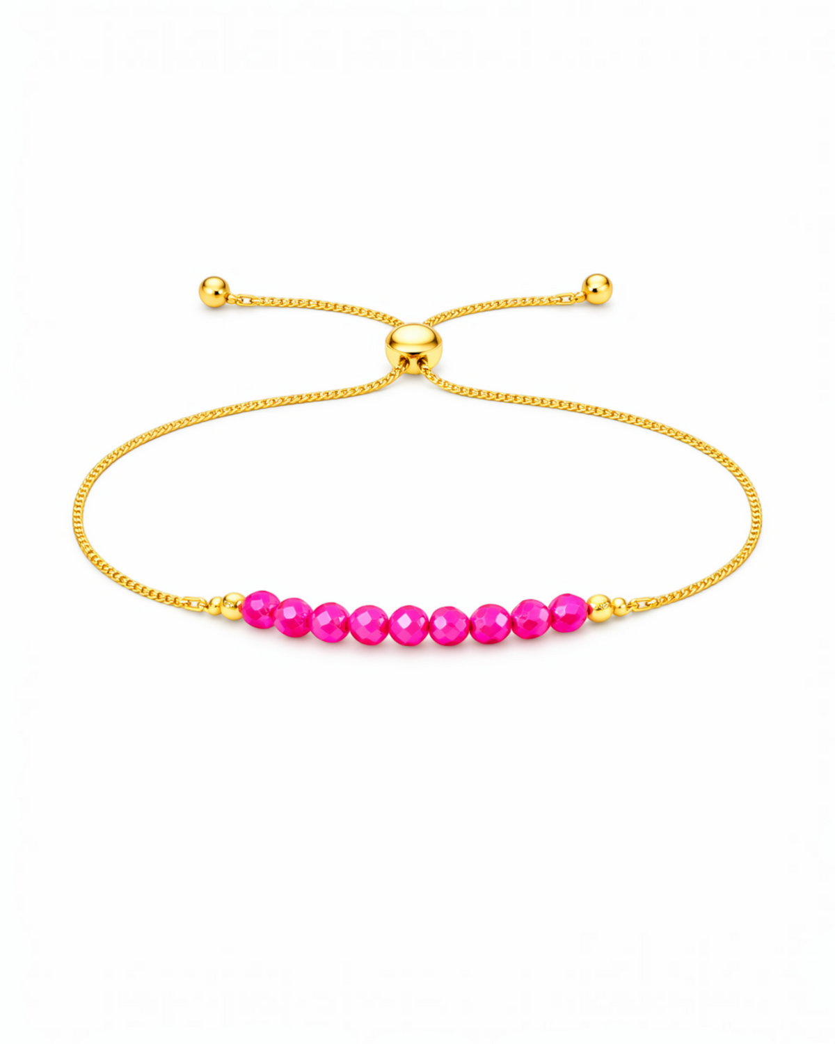 Amelia Jane Handmade Creations ruby lariat bracelet with faceted pink beads and an adjustable gold chain slider