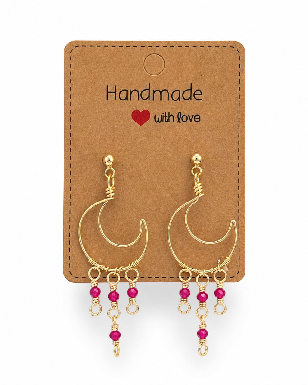 Amelia Jane Handmade Creations Ruby Moon earrings with gold wire crescent moons and dangling ruby bead accents.