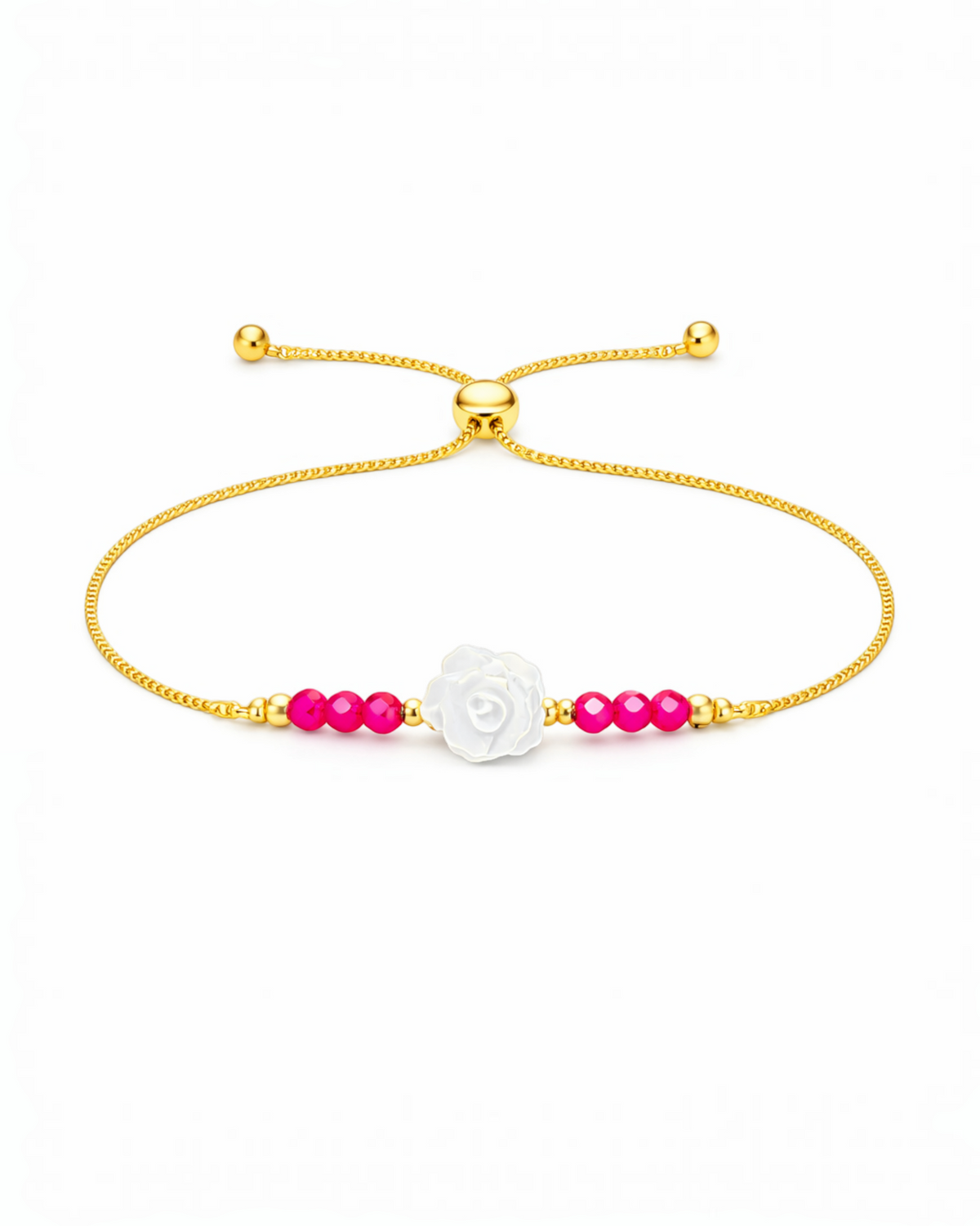 Amelia Jane Handmade Creations lariat bracelet with a white mother of pearl rose, pink ruby beads, and gold chain.
