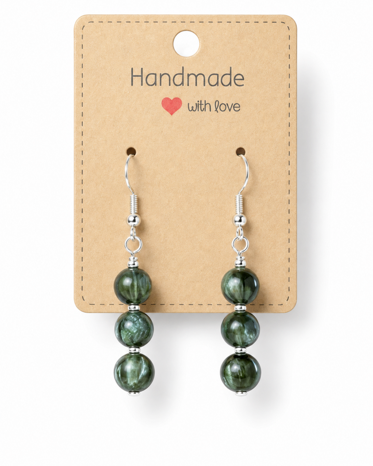 Amelia Jane Handmade Creations seraphinite dangle earrings with three green gemstone beads and S925 silver posts