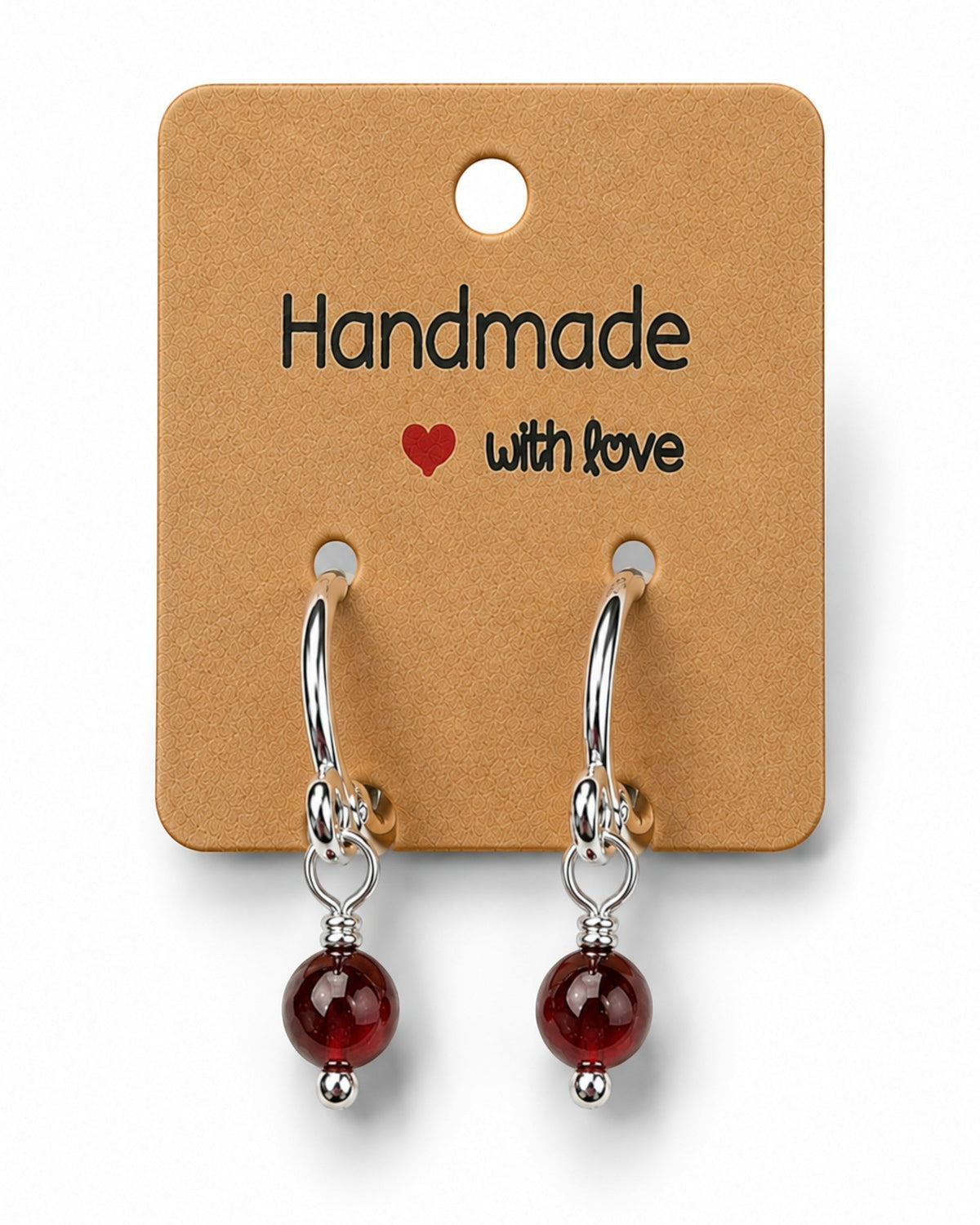 Amelia Jane Handmade Creations 16mm sterling silver huggie hoop earrings with dangling dark red gemstone beads