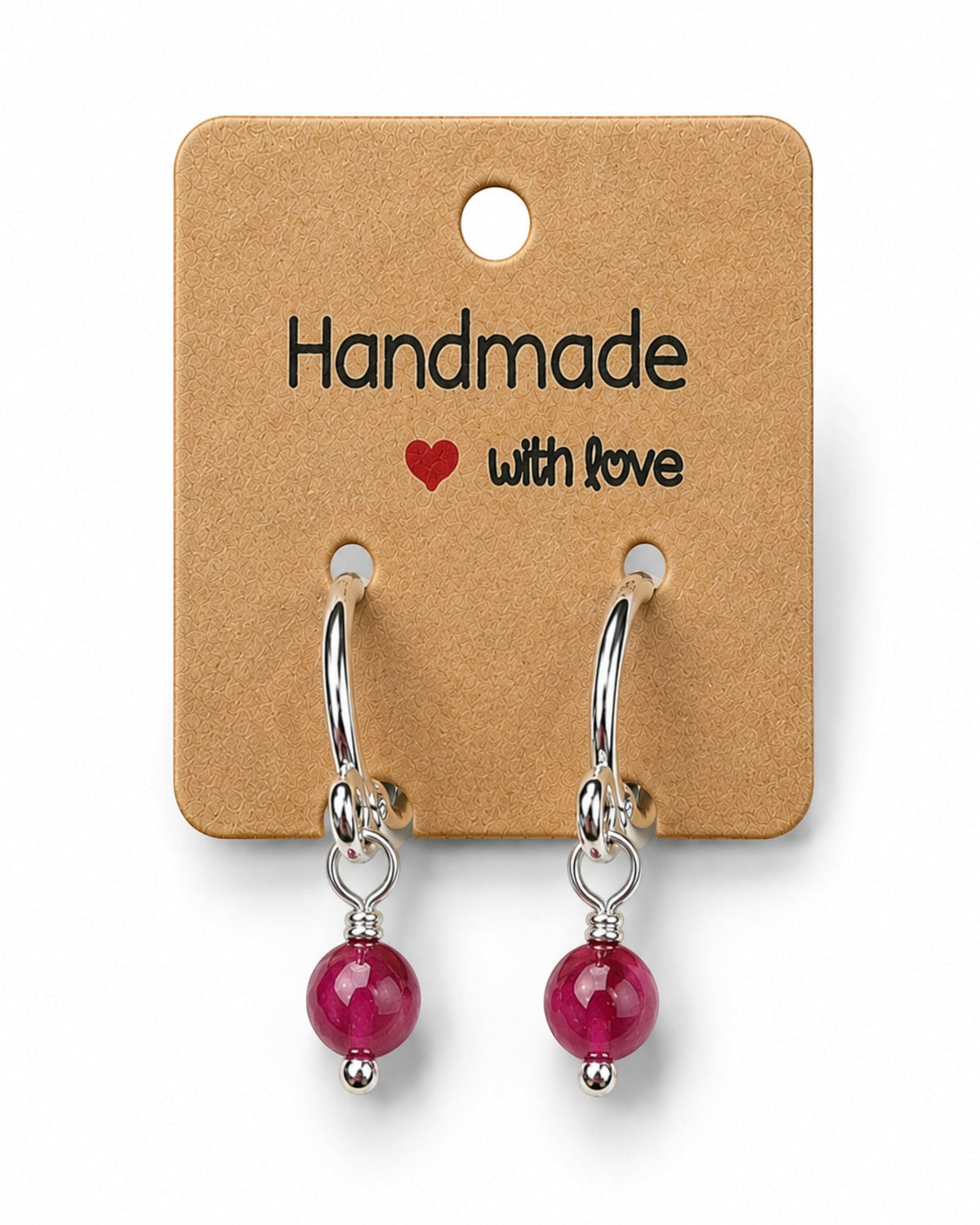 Amelia Jane Handmade Creations 16mm sterling silver huggie hoop earrings with wire-wrapped pink gemstone beads.