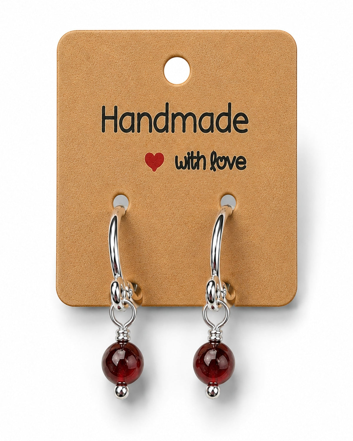 Amelia Jane Handmade Creations 15mm silver-filled huggie hoop earrings with dangling deep red gemstone beads.