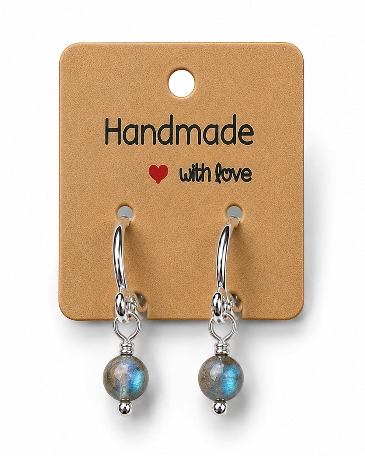 Amelia Jane Handmade Creations 15mm silver-filled huggie hoop earrings with dangling iridescent labradorite gemstones