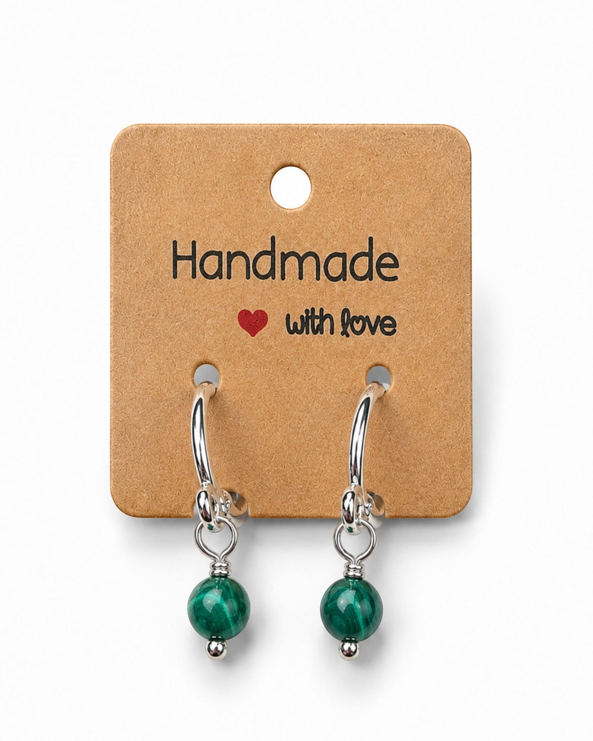 Amelia Jane Handmade Creations 15mm silver-filled huggie hoop earrings with dangling green malachite gemstones.
