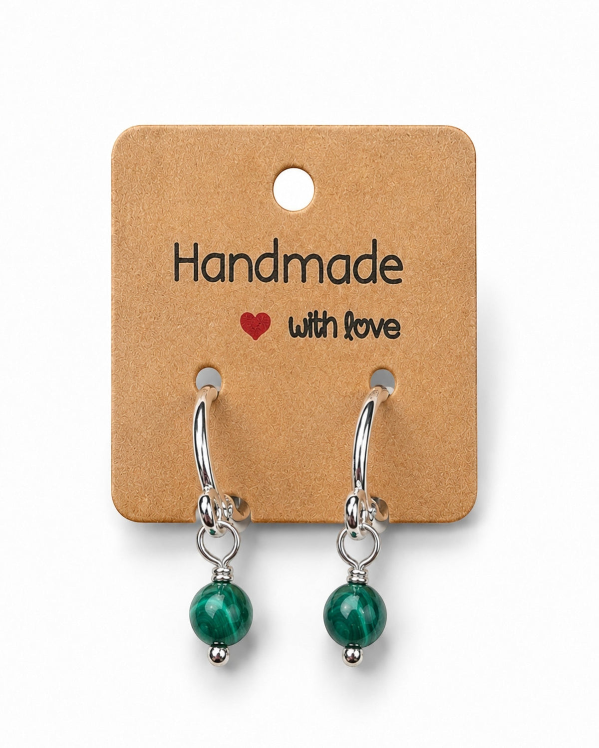 Amelia Jane Handmade Creations 16mm sterling silver huggie hoop earrings featuring handcrafted green malachite beads.