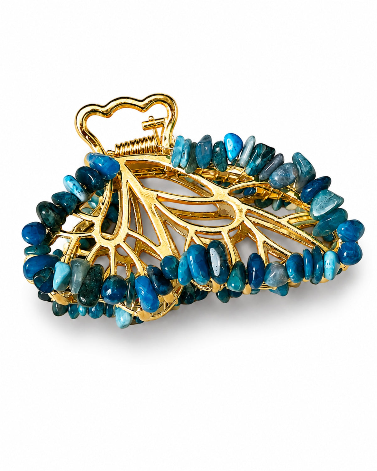 Amelia Jane Handmade Creations butterfly hair clip featuring blue sodalite gemstone chips on a gold metal frame.