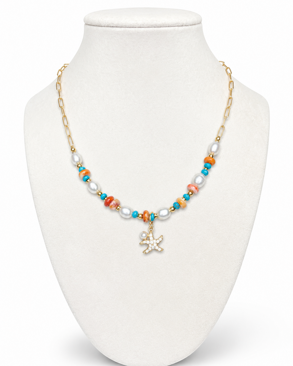 Amelia Jane Handmade Creations Salt and Sun necklace with gold filled chain, starfish pendant, and colorful beads.