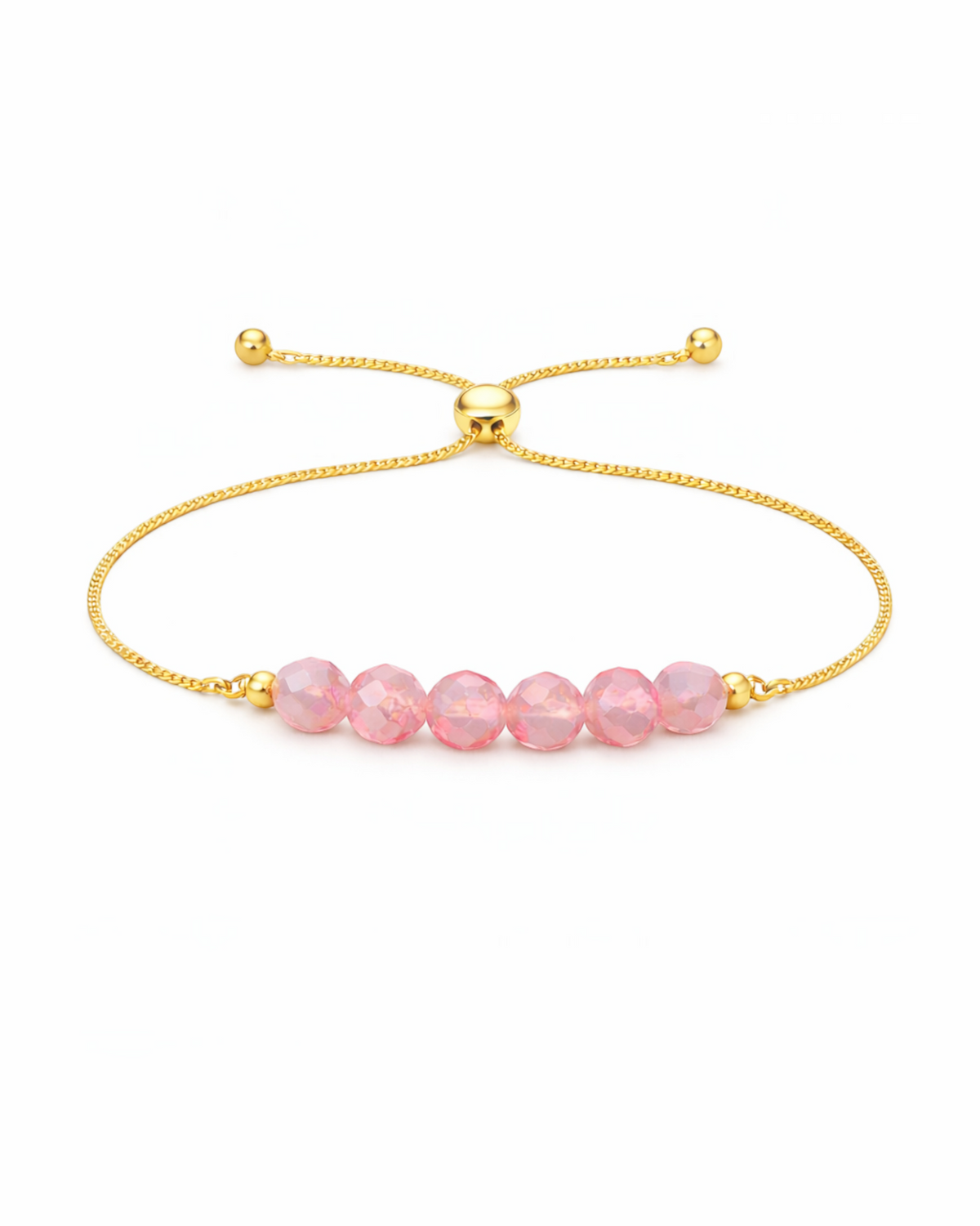 Amelia Jane Handmade Creations strawberry quartz lariat bracelet with faceted pink beads and adjustable gold chain.