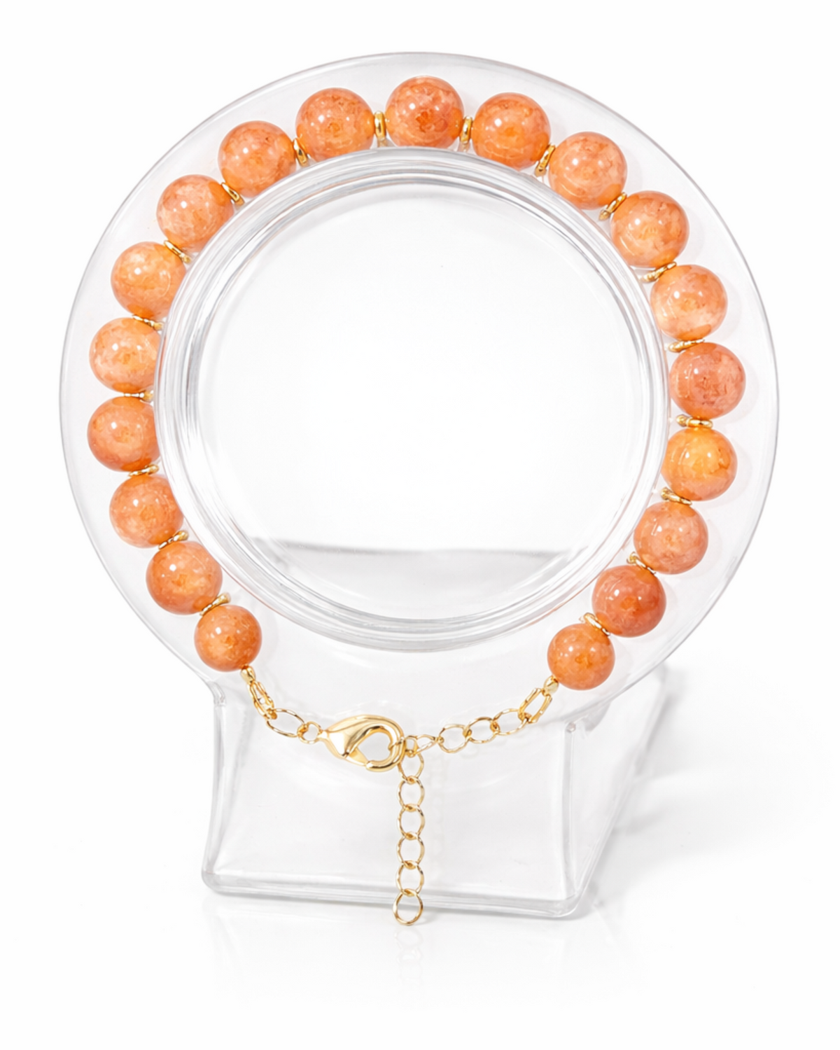 Amelia Jane Handmade Creations sunstone beaded bracelet with gold-tone clasp and adjustable chain on display stand