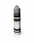 Amelia Jane Handmade Creations 4.25-inch polished Tai Chi stone tower with black, gray, and white horizontal banding.