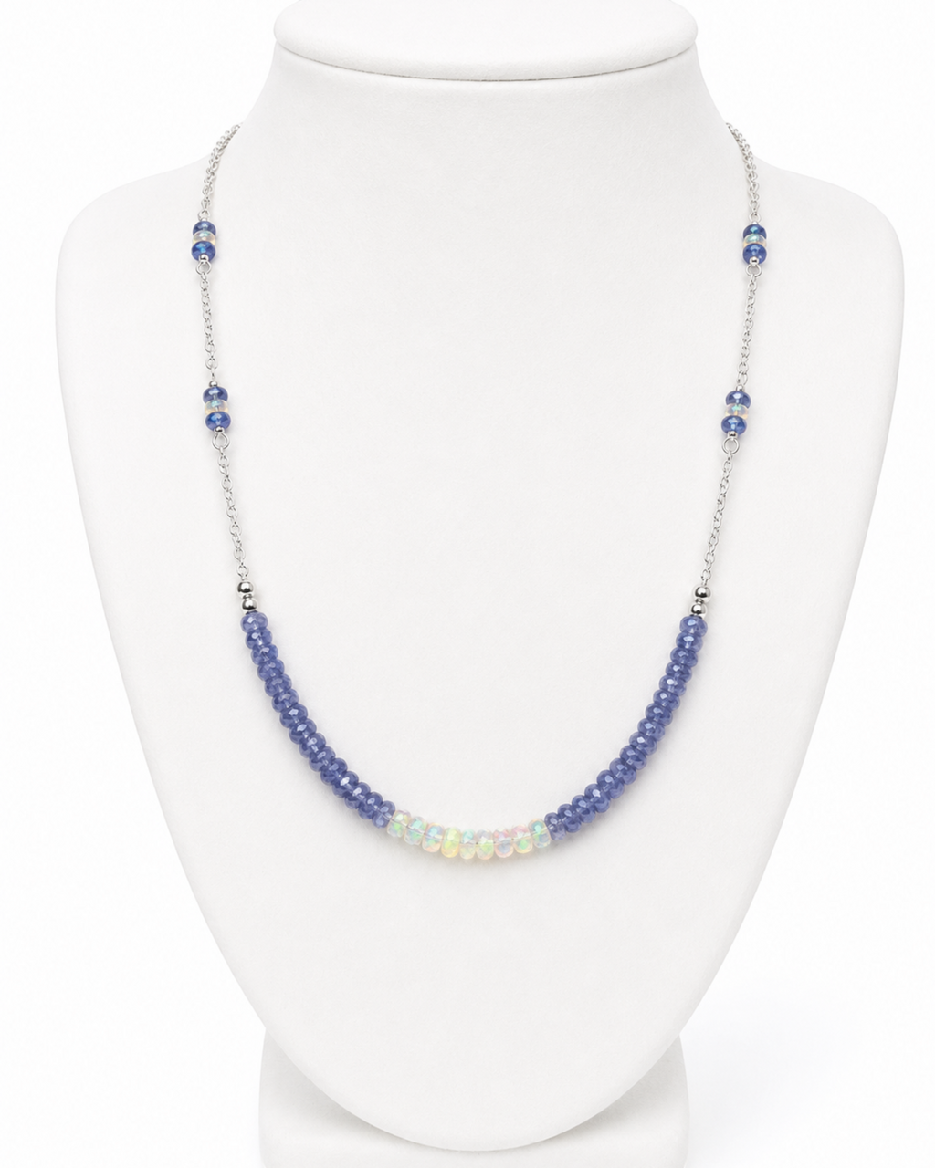 Amelia Jane Handmade Creations 18-inch necklace with tanzanite beads, Ethiopian opals, and silver-plated chain.