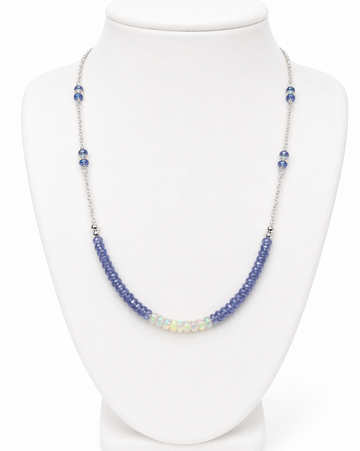 Amelia Jane Handmade Creations 18-inch necklace with tanzanite beads, Ethiopian opals, and silver-plated chain.