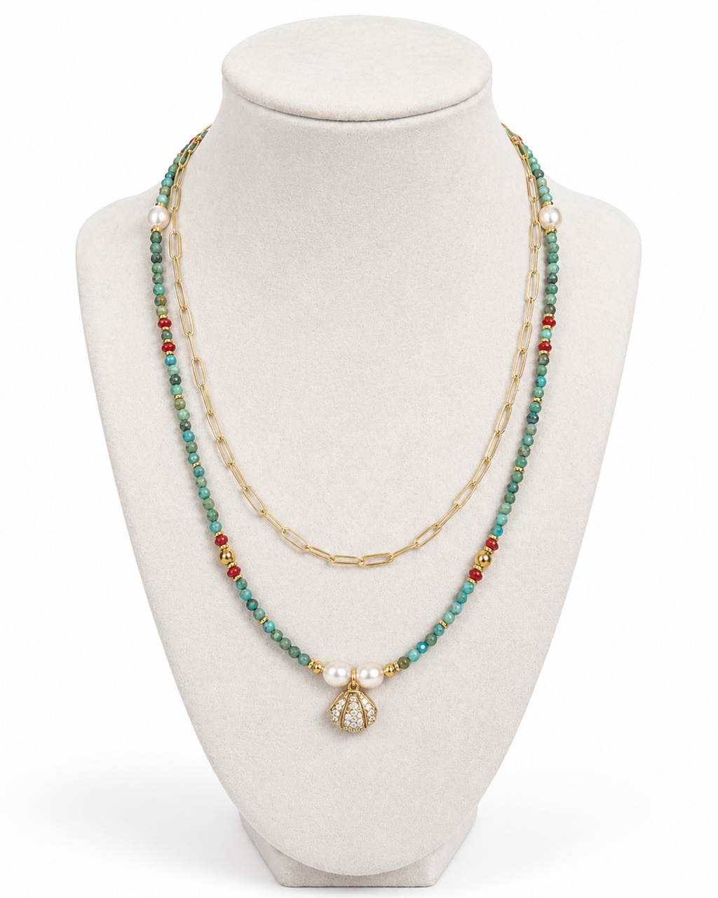 Amelia Jane Handmade Creations Tidal Shores layered necklace with turquoise, red coral, hematite, and pearl beads.