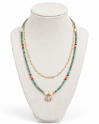 Amelia Jane Handmade Creations Tidal Shores layered necklace with turquoise, red coral, hematite, and pearl beads.