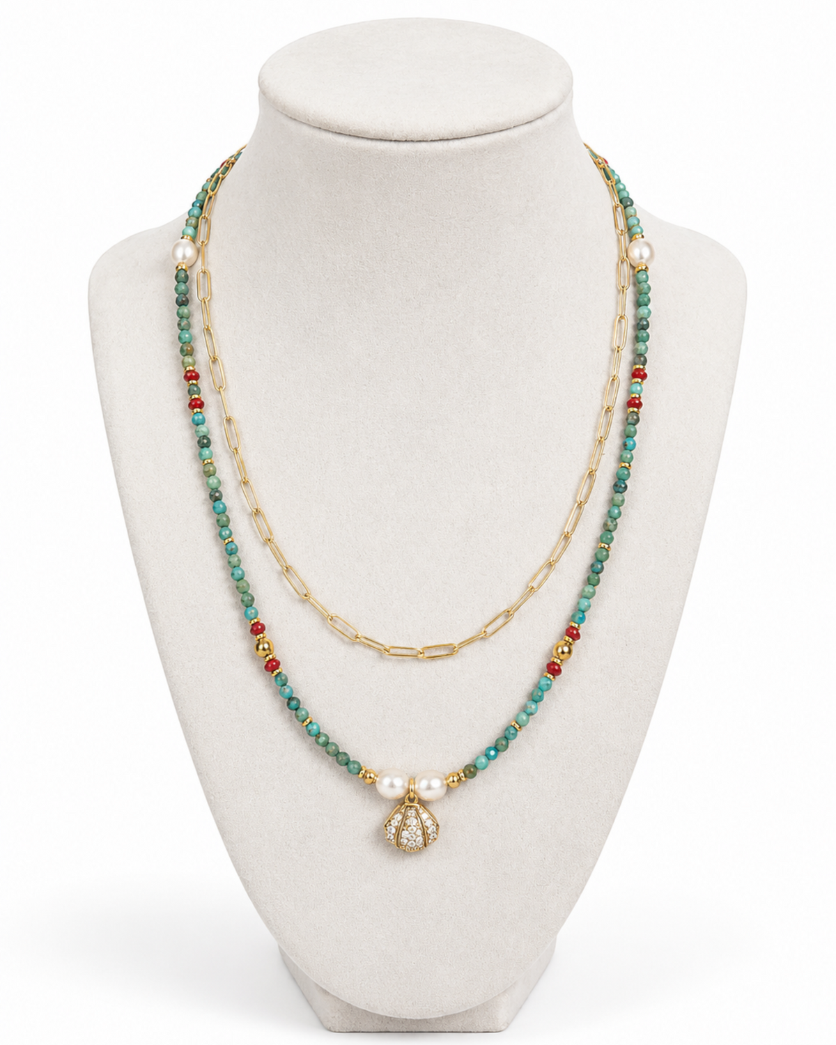Amelia Jane Handmade Creations Tidal Shores layered necklace with turquoise, red coral, hematite, and pearl beads.