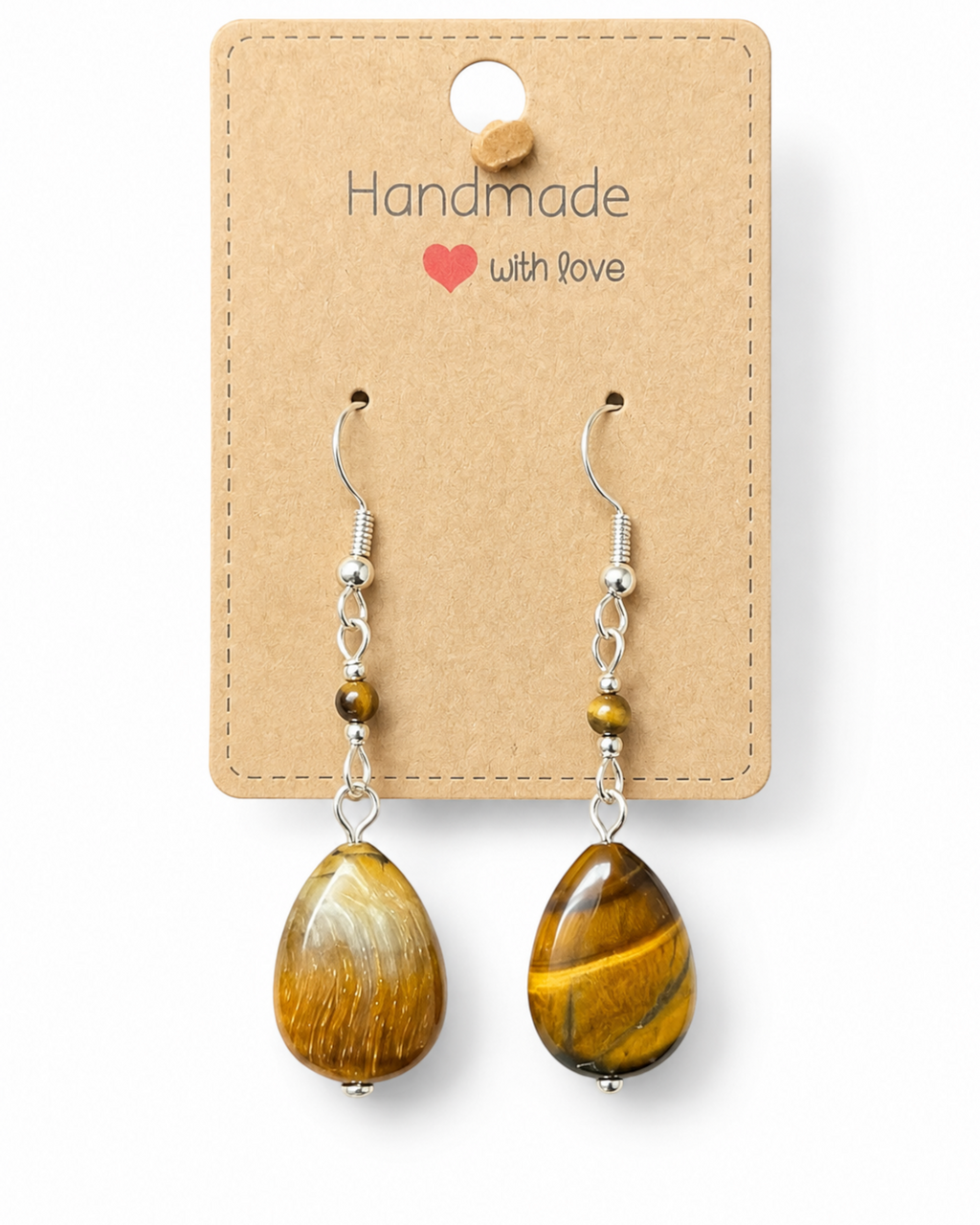 Amelia Jane Handmade Creations tiger eye teardrop earrings with S925 silver posts on a display card.