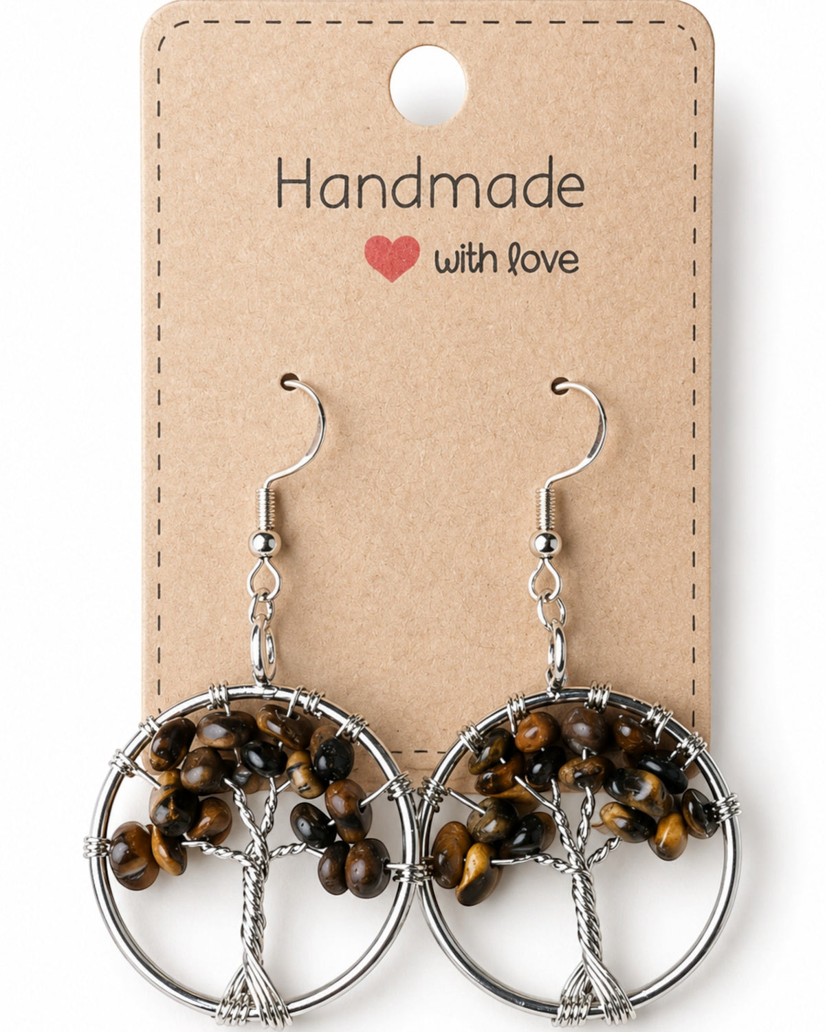 Amelia Jane Handmade Creations wire-wrapped Tree of Life earrings featuring natural brown Tiger's Eye gemstone chips.