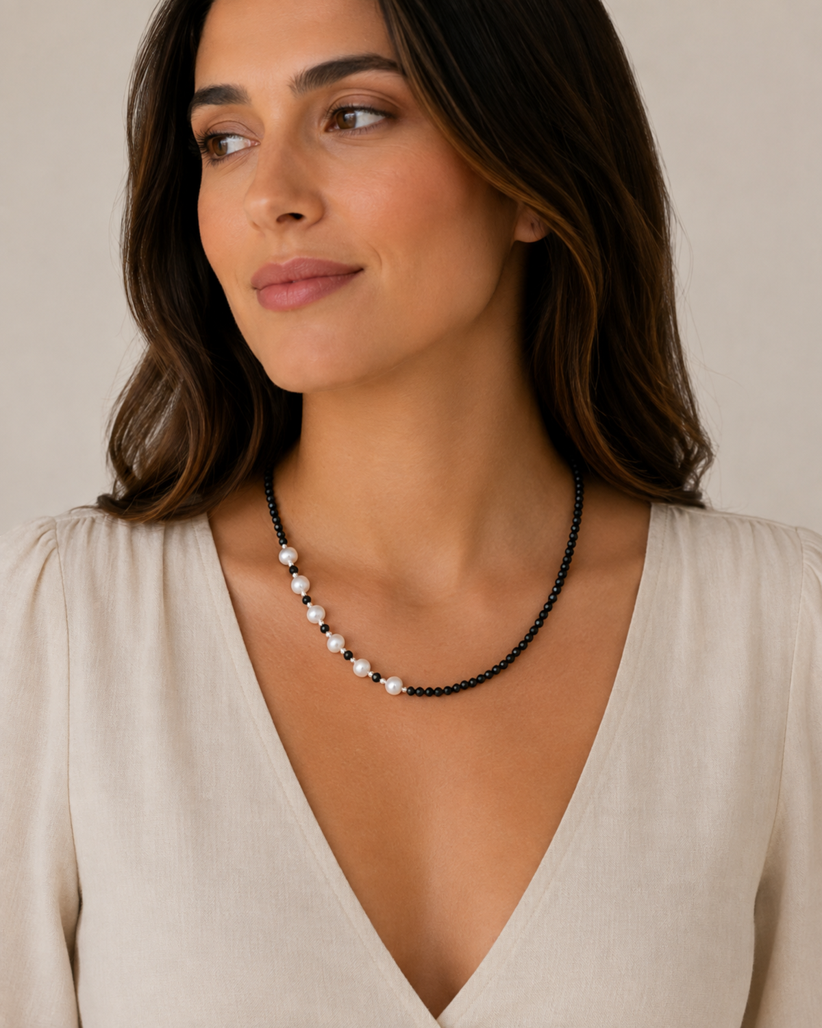 Amelia Jane Handmade Creations necklace featuring faceted black tourmaline beads and white freshwater pearls