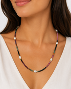Amelia Jane Handmade Creations Blushing Vine necklace featuring watermelon tourmaline beads and freshwater pearls.