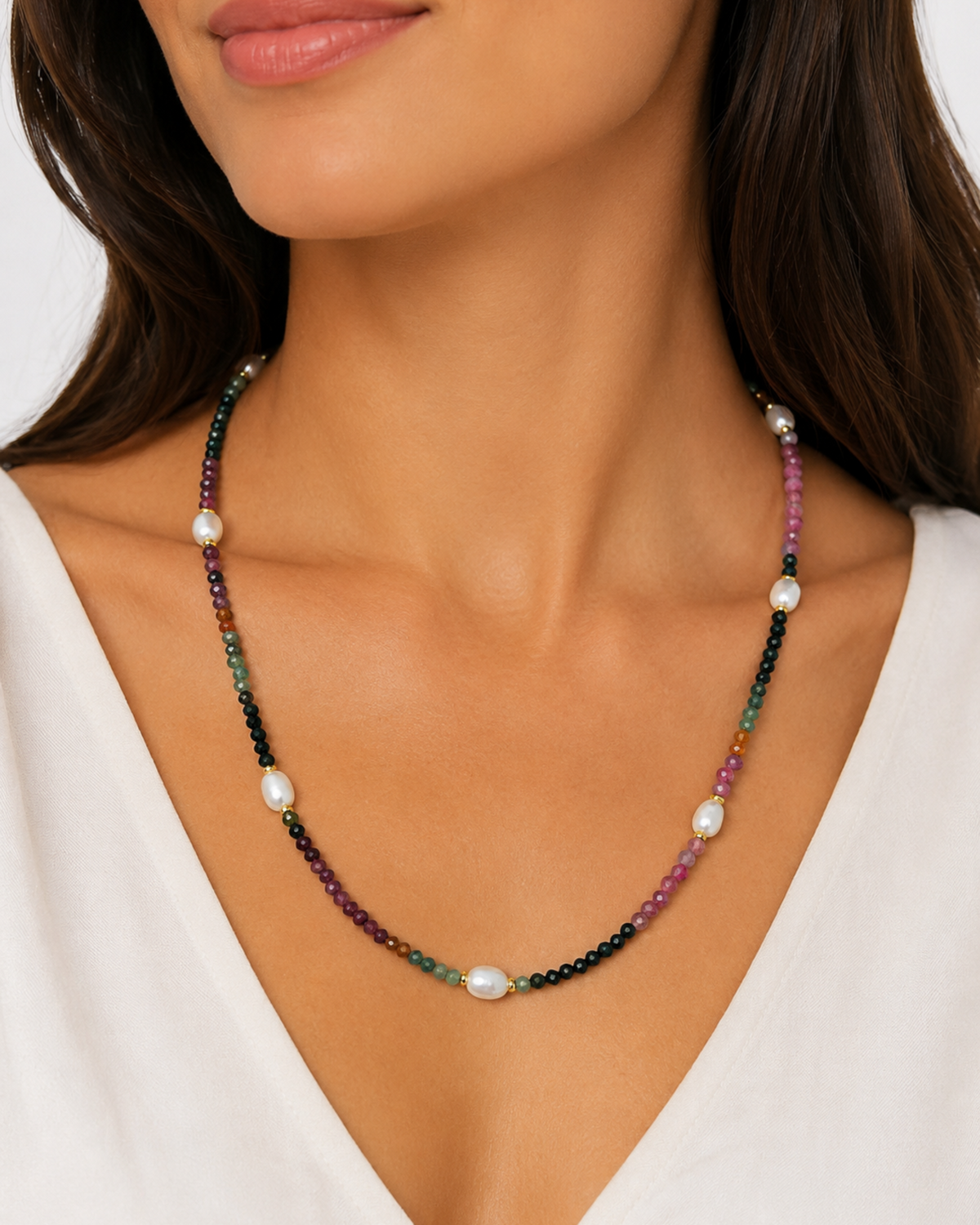 Amelia Jane Handmade Creations Blushing Vine necklace featuring watermelon tourmaline beads and freshwater pearls.