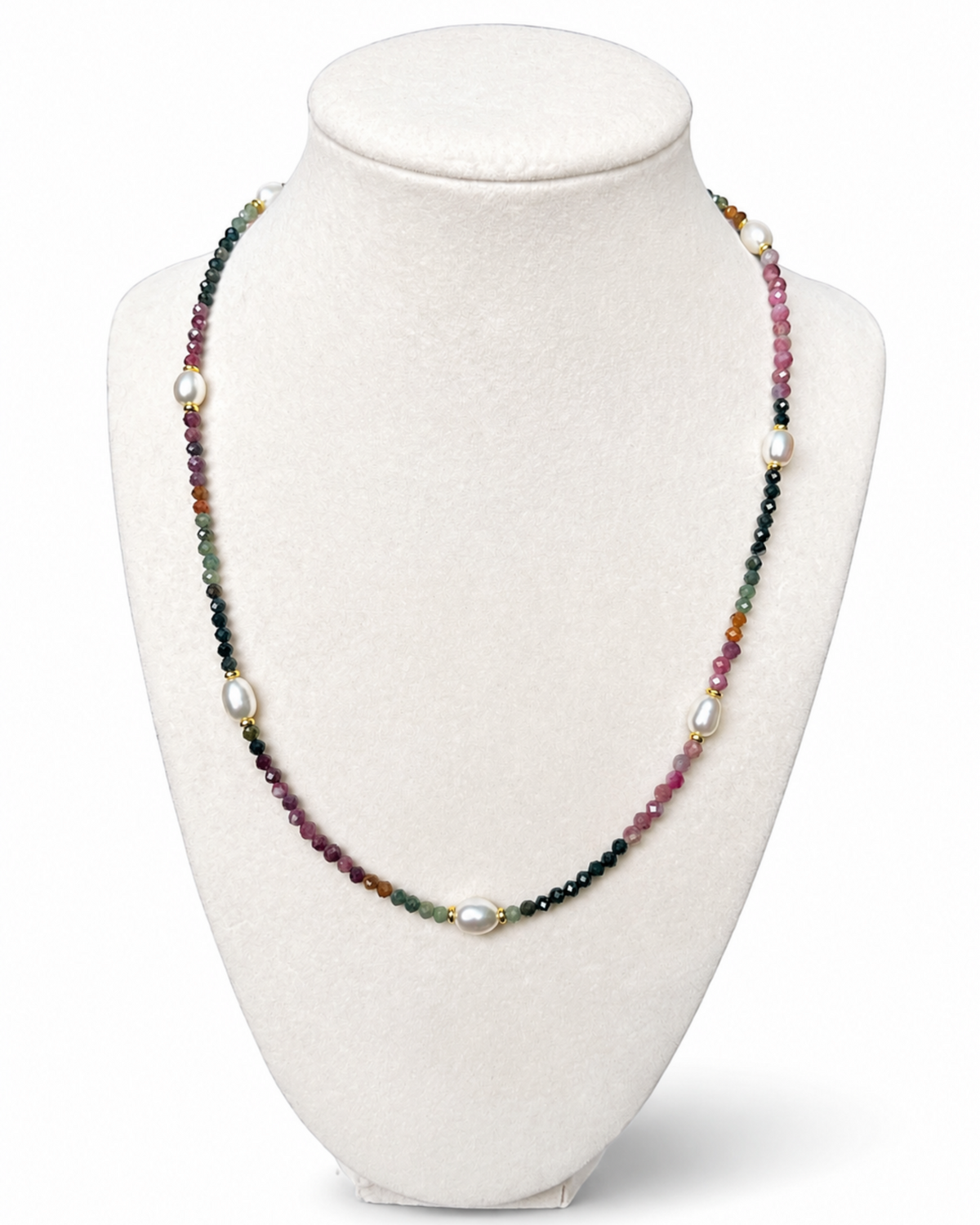 Amelia Jane Handmade Creations Blushing Vine 20-inch necklace with watermelon tourmaline beads and freshwater pearls.