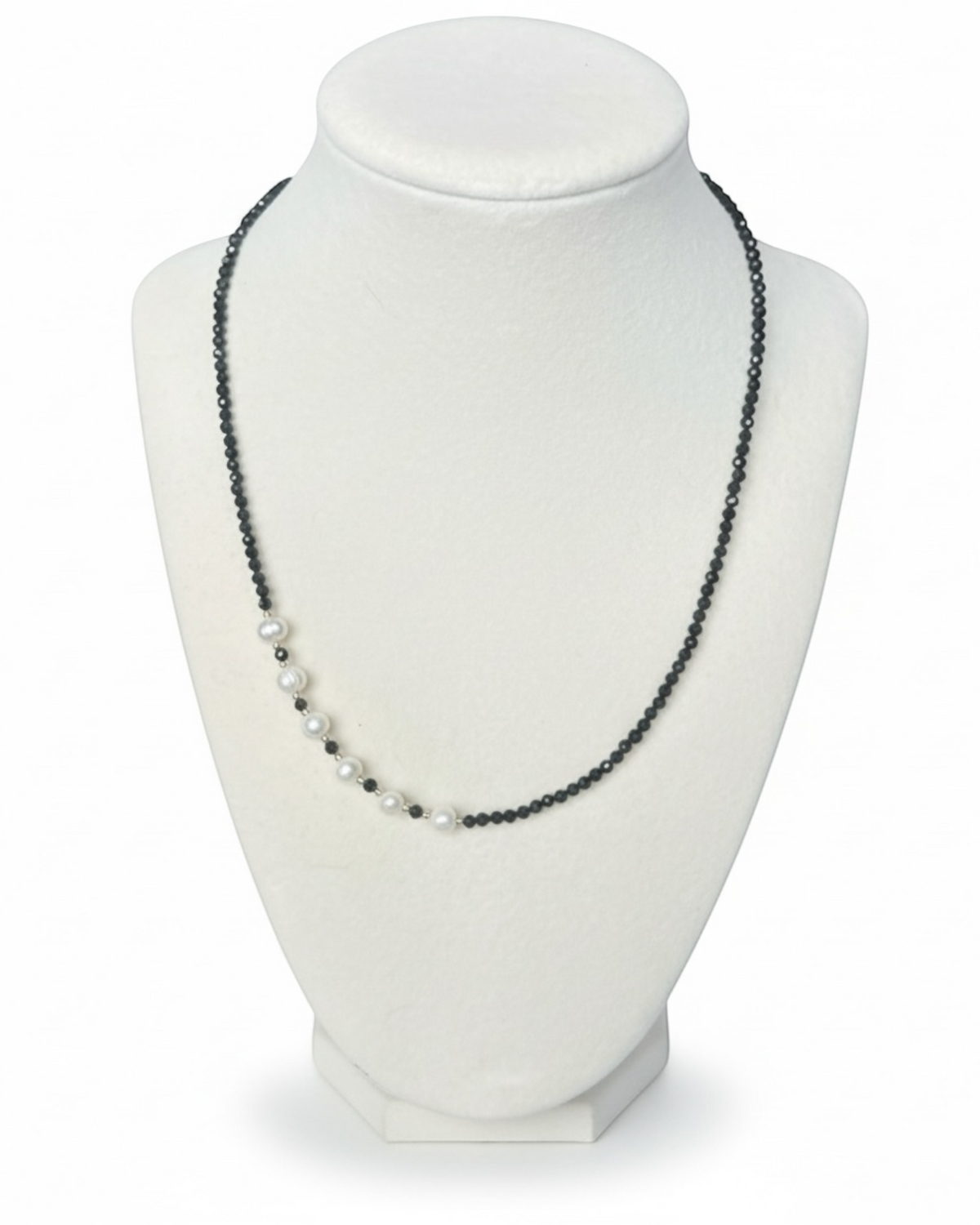 Amelia Jane Handmade Creations necklace featuring faceted black tourmaline beads and white freshwater pearls.