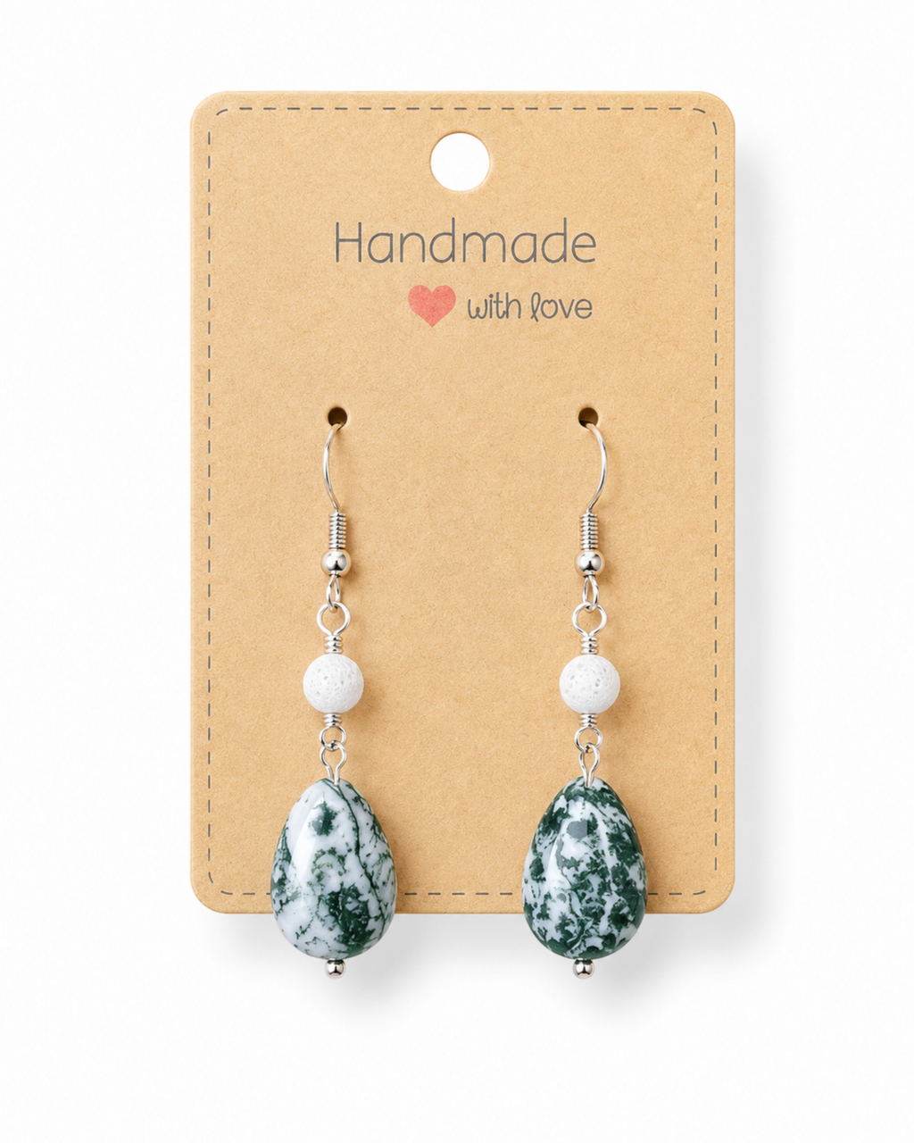 Amelia Jane Handmade Creations tree agate teardrop earrings with white lava beads and S925 sterling silver posts