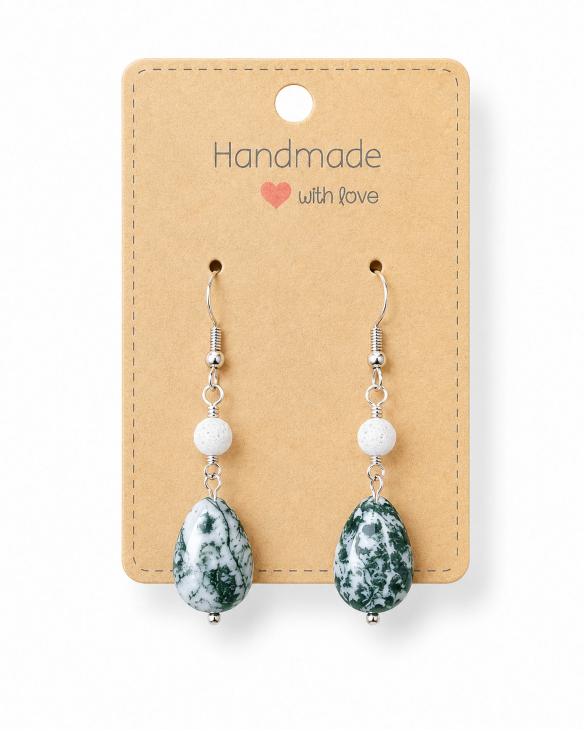 Amelia Jane Handmade Creations tree agate teardrop earrings with white lava beads and S925 sterling silver posts