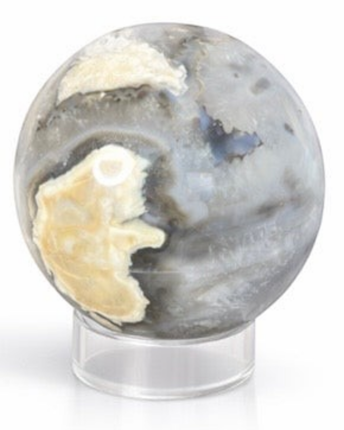 Amelia Jane Handmade Creations 2.5-inch polished volcano agate sphere with smoky grey and creamy neutral banding.