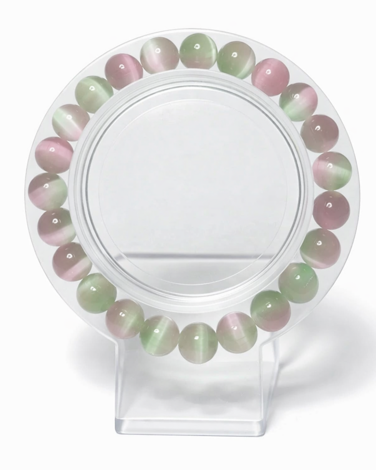 Amelia Jane Handmade Creations 7-inch watermelon selenite beaded bracelet with pink and green cat eye effect stones.