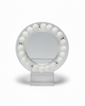 Amelia Jane Handmade Creations 7-inch white jade and silver hematite beaded bracelet on a clear display stand.