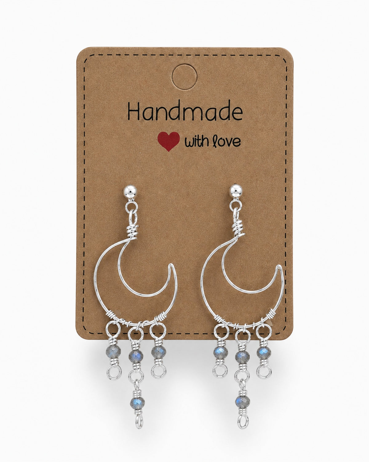 Amelia Jane Handmade Creations wire wrapped crescent moon earrings with s925 silver posts and grey beaded dangles.