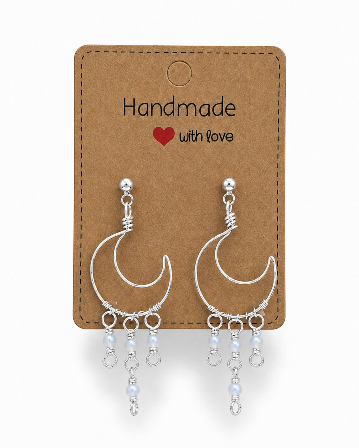 Amelia Jane Handmade Creations wire wrapped crescent moon earrings with s925 silver posts and delicate beaded dangles