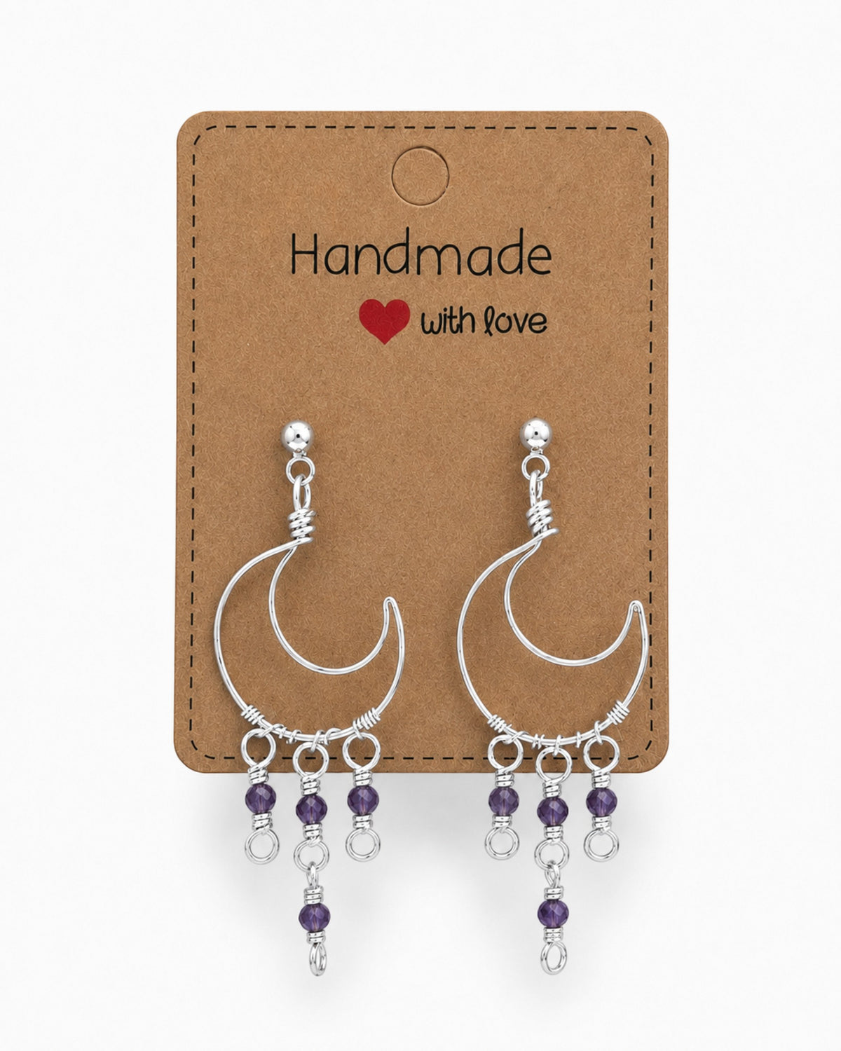 Amelia Jane Handmade Creations wire wrapped moon earrings with purple beads and sterling silver s925 posts