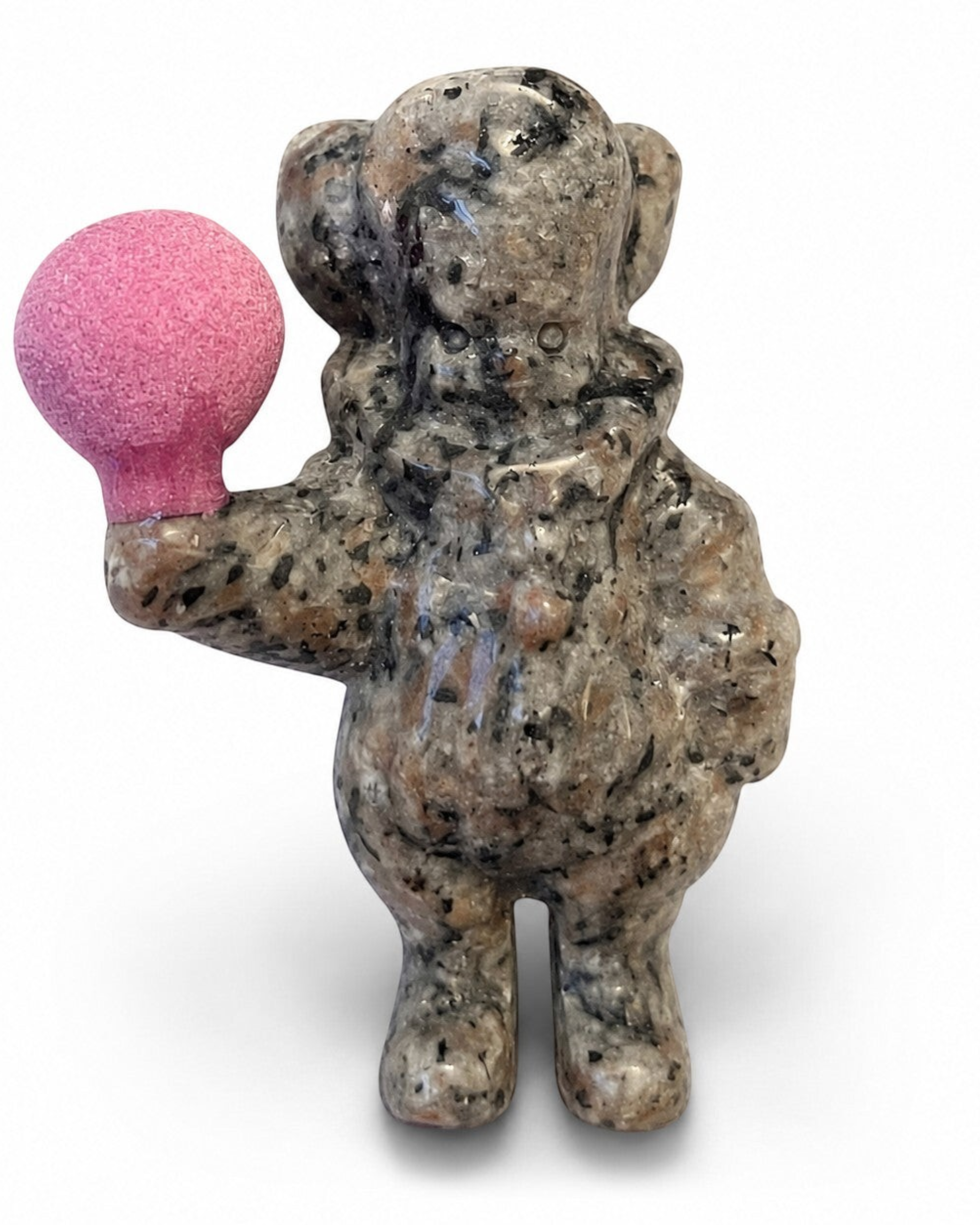 Amelia Jane Handmade Creations Yooperlite Pennywise carving holding a small pink ruby balloon on a white background