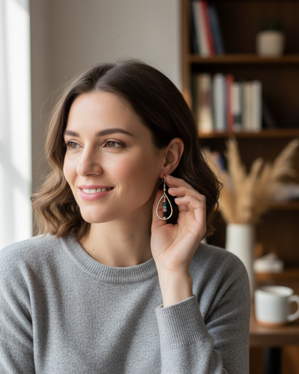 Amelia Jane Handmade Creations multi-colored zircon teardrop earrings with S925 posts worn by a smiling woman
