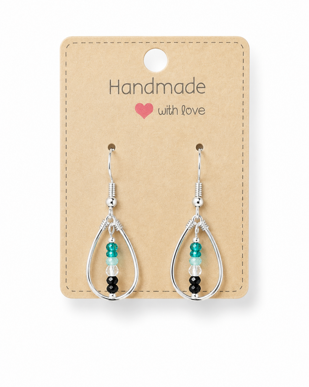 Amelia Jane Handmade Creations teardrop earrings with multi-colored zircon beads and S925 silver posts on display card