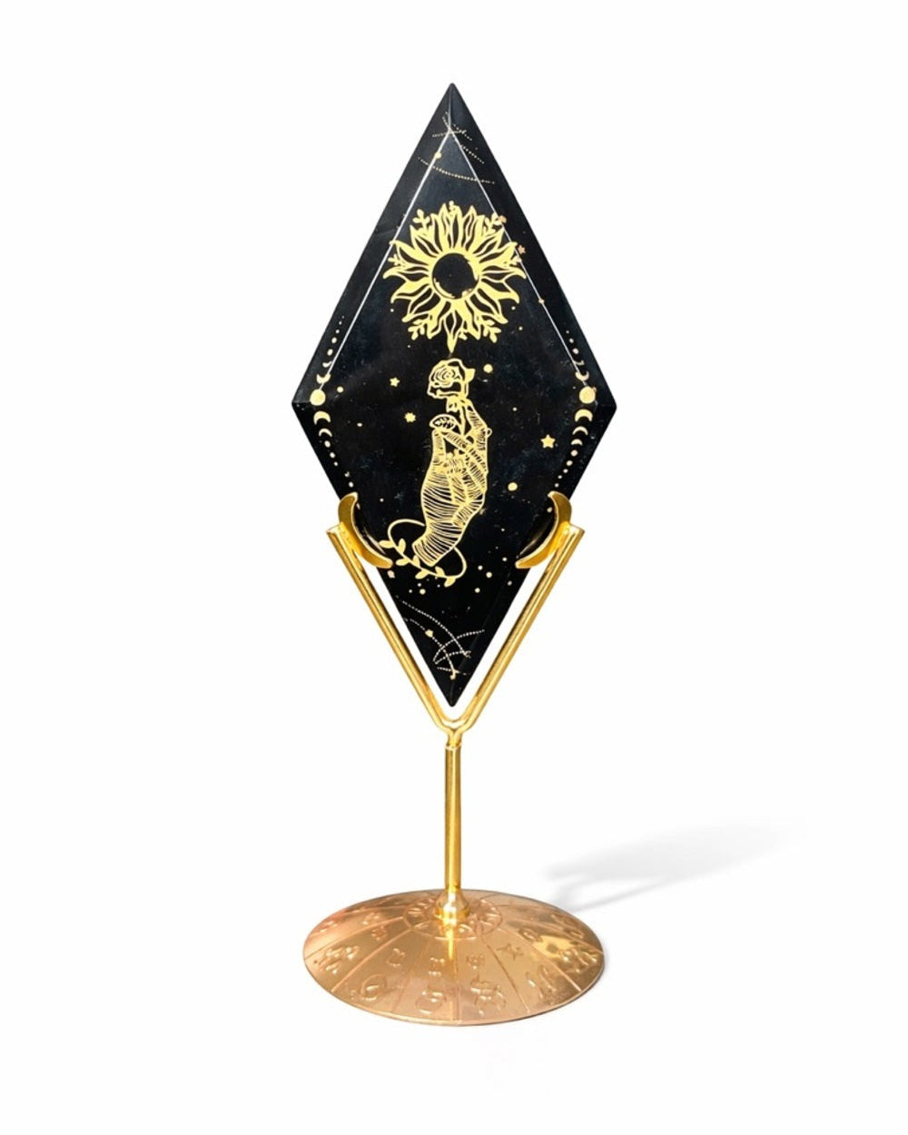 Obsidian Diamond Carving with Gold Etching on Stand